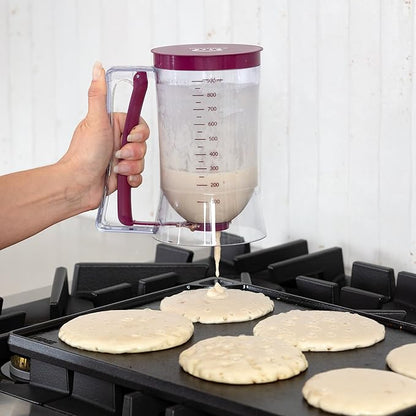 KPKitchen Pancake Batter Dispenser - Kitchen Must Have Tool for Perfect Pancakes, Cupcake, Waffle, Muffin Mix, Cake & Crepe - Baking Supplies for Griddle - Pancake Maker with Measuring Label (Purple)