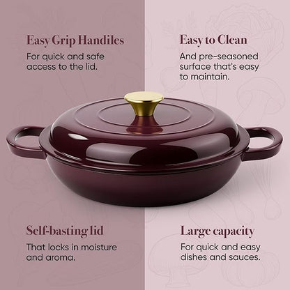 3 Quart Enameled Cast Iron Braiser, Non Stick Enameled Cast Iron Skillet with Lid, Dutch Oven Skillet with lid up to 500°F for Oven, Stove, Grill, Shallow Dutch Oven for Cook, Bake (Fig)