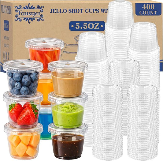 400 sets 5.5 oz Portion Cups with Lids, Jello Shot Cups with Lids, Bulk ＆ Clear Sauce Cups for Meal Prep, Disposable Small Plastic Containers for Salad Dressing, Condiment, Snacks