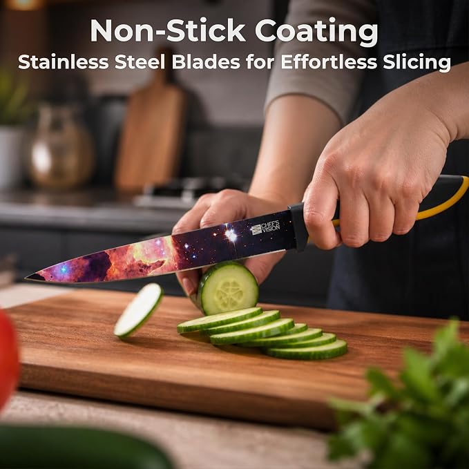 CHEF'S VISION Cosmos Kitchen Knife Set – 6-Piece Stainless Steel Knives with Non-Stick Coating, Dishwasher Safe, Galaxy Design, Unique Gift for Space Lovers