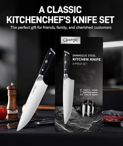 3-Piece Damascus Kitchen Chef Knife Set- 8" Chef Knife, 7" Santoku, 5.5" Utility Knife Japanese High Carbon Stainless Steel with G10 Handle Gift Box Cutting Tools for Meat, Vegetables
