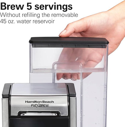 Hamilton Beach FlexBrew Advanced 4-in-1 Single Serve Hot & Iced Coffee Maker with Removable 45 oz. Water Reservoir, Use Pod Packs and Grounds, Fast Brewing, Black (49925)