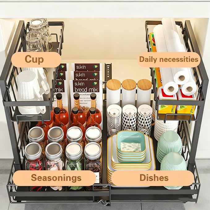 Expandable Pull Out Cabinet Organiser, No Drill Adhesive Slide Out Kitchen Drawer Shelf Durable Metal for Under Sink, Cupboard, Pantry, Adjustable Width (12.8"-19.7")