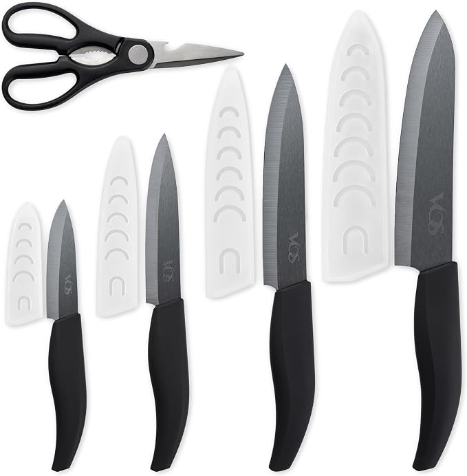 Vos ceramic knives set for kitchen in gift box, 5 ceramic knife with cover with scissors, 3" 4" 5" 6" ultra sharp knives for home cooks, lightweight, rust-free, dishwasher safe (Black handle)