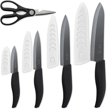 Vos ceramic knives set for kitchen in gift box, 5 ceramic knife with cover with scissors, 3" 4" 5" 6" ultra sharp knives for home cooks, lightweight, rust-free, dishwasher safe (Black handle)