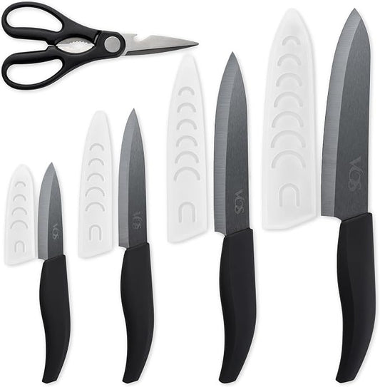 Vos ceramic knives set for kitchen in gift box, 5 ceramic knife with cover with scissors, 3" 4" 5" 6" ultra sharp knives for home cooks, lightweight, rust-free, dishwasher safe (Black handle)