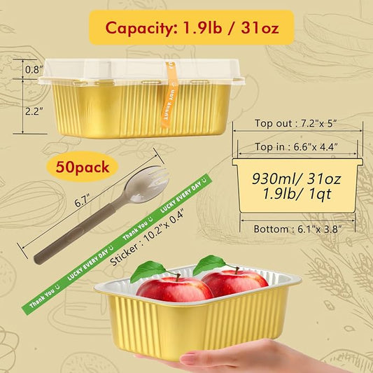 LNYZQUS 50 Pack 30oz Small Foil Pans with Lids, 7” x 5” Individual Baking Tins Deep Leftover Containers,Aluminum To Go Baked Food Containers Large Loaf Cake Pans Take Out Holders-Gold