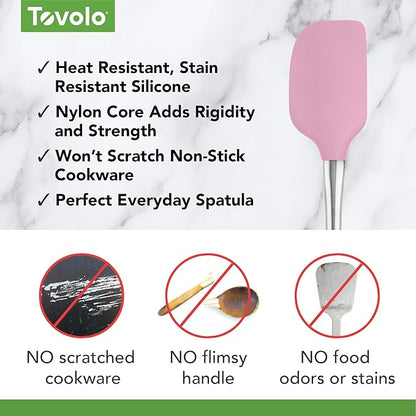 Tovolo Flex-Core Silicone Spatula Metal Handle for Scraping Bowls Mixing and Baking, Dishwasher Safe Heat Resistant Stainless Steel Silicone Spatula for Cast Iron and Nonstick Cookware, Pink Sorbet
