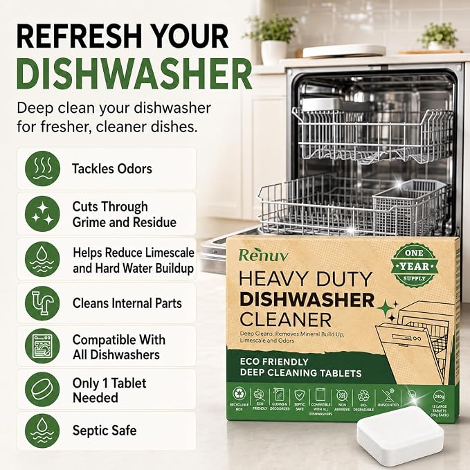 Renuv® Coffee Maker Cleaner + Dishwasher Cleaner Bundle | Heavy Duty, Kitchen Appliance Deep Cleaning, Descaling, 12 Tablets of Each