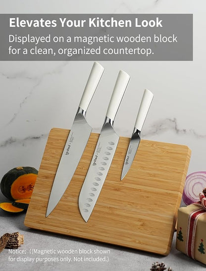 3 Piece Chef Knife Set - German Stainless Steel, Ergonomic Ivory White Handle, Full Tang Design Kitchen Knife Set, Ultra Sharp Chef Knives for Meat Vegetable Cutting, Ideal Gift for Chefs, Cooks