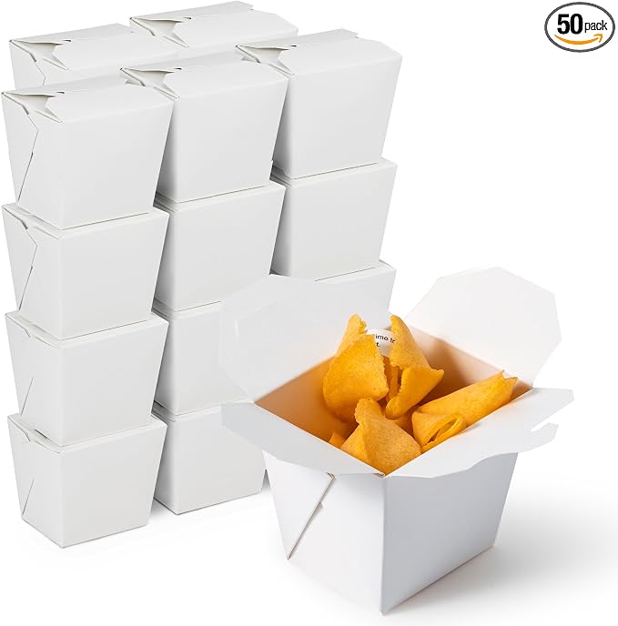 Fit Meal Prep 8 oz Chinese Take Out Boxes - 3 x 2.5 Plain White Paperboard Food Containers, Leak and Grease Resistant Pint Size Asian Rectangle To Go Boxes, Candy Buffet Box and Party Favors, 50 Pack