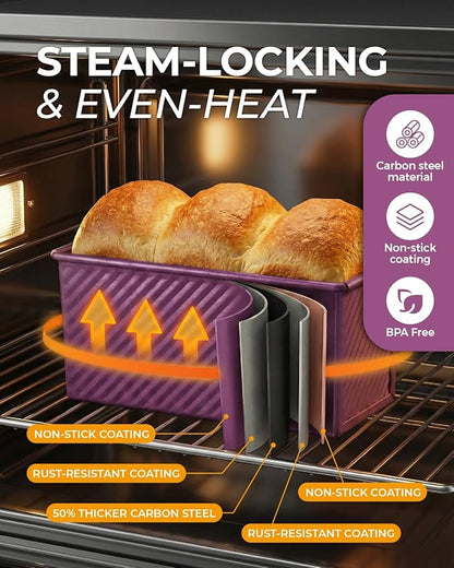 CARTMAN 3-Piece Pullman Loaf Pan with Lid Set – Non-Stick Carbon Steel Bread Pan with Bottom Vents – Includes Large (12"), Medium (8") & Mini (7") Sizes plus Silicone Tools – Plum Purple
