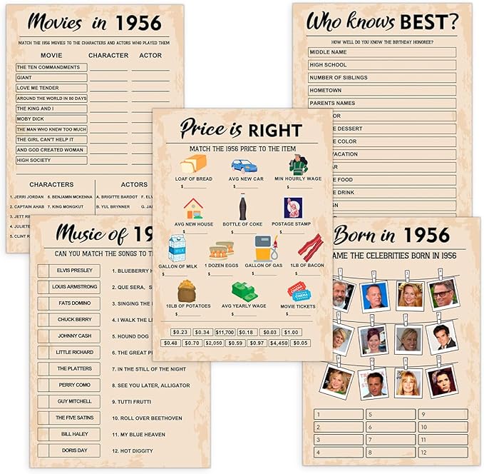 QUPT 70th Birthday Party Games, Set of 5 Activities for 10 Guests, Born in 1956 Games Bundle, Birthday Party Supplies for Adults, Pack of 50 Cards