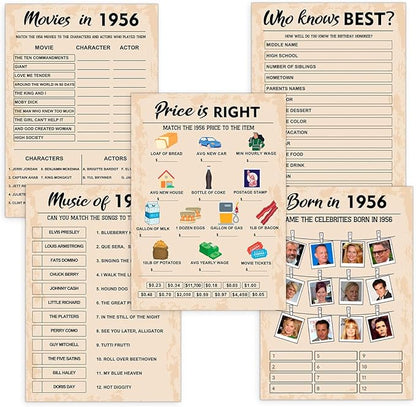 QUPT 70th Birthday Party Games, Set of 5 Activities for 10 Guests, Born in 1956 Games Bundle, Birthday Party Supplies for Adults, Pack of 50 Cards