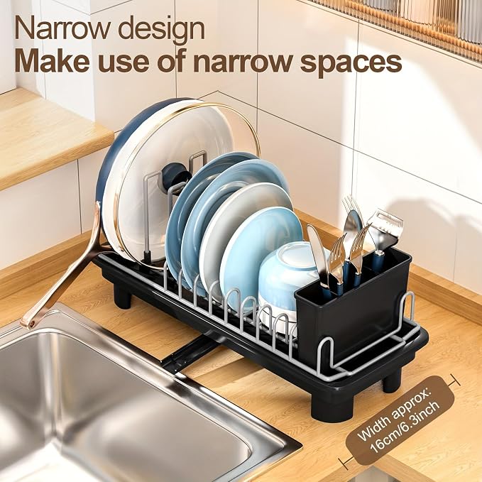 Compact Dish Drying Rack for Countertop, Small-Sized for Dorms, RVs & Tiny Kitchens, Auto-Drain, Adjustable Slots, Rust-Resistant with Utensil Caddy & Sponge Holder (G er y)