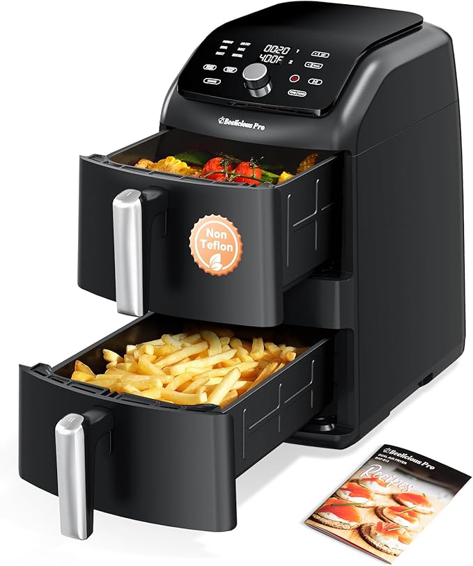 12QT Large Double Air Fryer, Family-Size Dual Airfryer with 2 Baskets, SyncHeat Even Heating, Stacked Compact Design, Smart Finish & Match Cook, PFAS-Free Nonstick, Dishwasher-Safe, Black