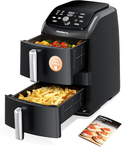 12QT Large Double Air Fryer, Family-Size Dual Airfryer with 2 Baskets, SyncHeat Even Heating, Stacked Compact Design, Smart Finish & Match Cook, PFAS-Free Nonstick, Dishwasher-Safe, Black