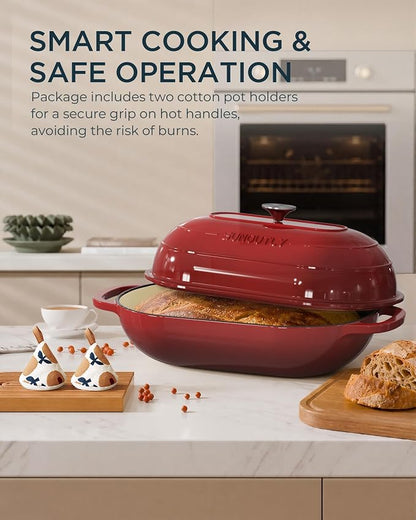 Enameled Cast Iron Bread Oven, 5QT Cast Iron Dutch Oven for Homemade Sourdough Bread Baking, Oval Bread Pot with Dome Lid & Cotton Potholders, Cherry Red