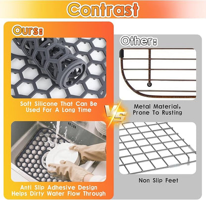 2PCS Silicone Sink Protectors for Kitchen Sink, 12.4" × 11.5" Silicone Sink Mat with 2 Filter Screen, Center Drain Hole, Heat Resistant Non-Slip, Dishwasher Suitable(Dark Gray)