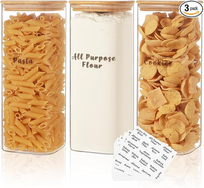 3 Pcs Square Glass Pantry Storage Containers with Bamboo Airtight Lid and 248 Clear Pantry Labels Preprinted - 62oz Thicken Glass Food Storage Jars for Coffee, Cookie, Tea, Sugar, Spice