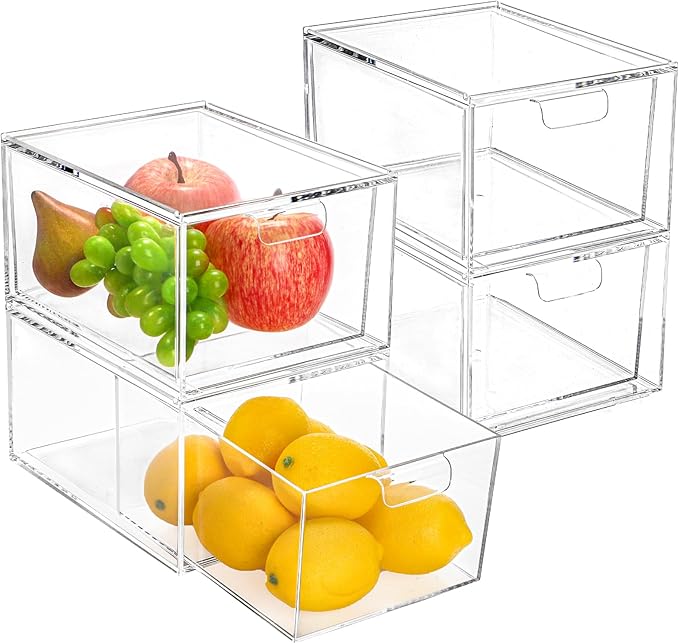 Foraineam 4 Pack Stackable Storage Containers Makeup Organizer Drawers, Acrylic Storage Bins with Pull-Out Drawers, Clear Plastic Cosmetic Display Case For Vanity, Cupboard, Pantry, Kitchen Cabinet