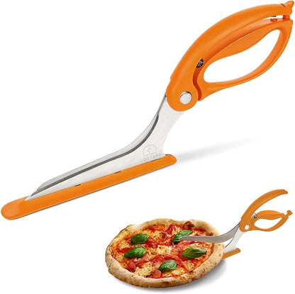 Orange Pizza Scissors - Non-Stick Pizza Scissors with Firm Grip Base - Food Grade Stainless Steel Pizza Cutter - 5-in-1 Food Slicer & Pizza Server - Durable, Safe & Mess Free