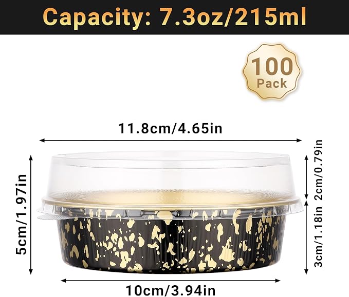 Beasea Mini Ramekins with Lids, 100 Pack 7.3oz Disposable Aluminum Tart Pie Baking Tins Pans, 4 Inch Small Individual Cheesecake Tart Containers Oven Baking Dishes for Party - Black Gold Speckles