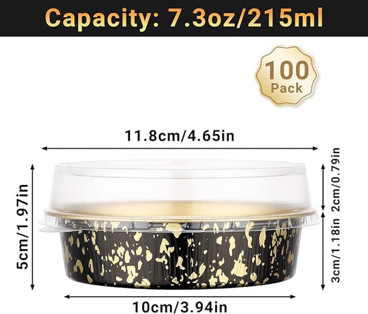 Beasea Mini Ramekins with Lids, 100 Pack 7.3oz Disposable Aluminum Tart Pie Baking Tins Pans, 4 Inch Small Individual Cheesecake Tart Containers Oven Baking Dishes for Party - Black Gold Speckles