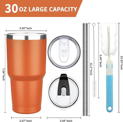 30 oz Tumbler with Lids and Straws, Stainless Steel Insulated Coffee Tumbler, Double Wall Vacuum Insulated Travel Mug Cup, Leakproof Thermal Coffee Cup for Hot and Cold Drinks (Orange)