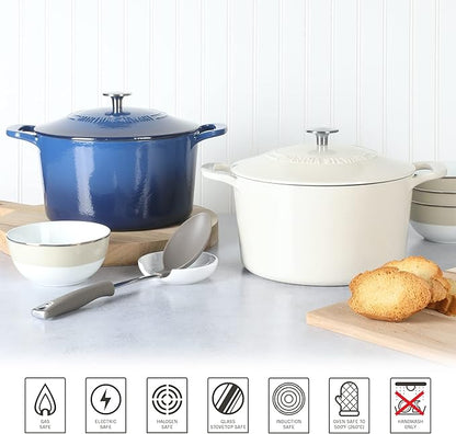 MARTHA STEWART Gatwick 7-Quart Enamel Cast Iron Dutch Oven – Linen Color with Silver Knob – Durable Heavy-Duty Dutch Oven for Slow Cooking and Braising