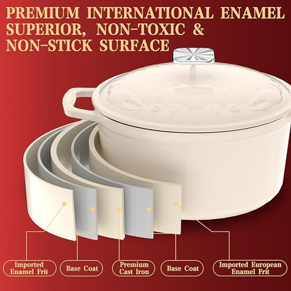 Enameled Cast Iron Dutch Oven - 5QT Dutch Oven Pot with Crab Lid & Oversized Knob & Ergonomic Handles - Heavy Duty Cookware for Braising, Stews, Roasting, Bread Baking - Cream White