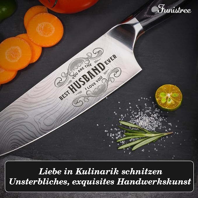 Funistree Gifts for Husband Men Him Anniversary Fathers Day, 8 inch Professional German 1.4116 Chef Knife, Engraved Best Husband Ever Knife Gift, Birthday Gifts for Men