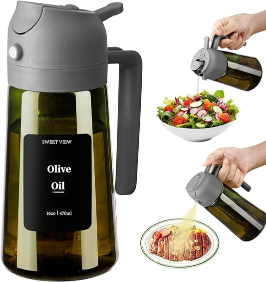 SWEET VIEW Olive Oil Dispenser and Oil Sprayer – 16oz/470ml Glass Light-Proof Oil Pourer for Kitchen Air Fryer, Cooking, Salad, and BBQ, with Stickers
