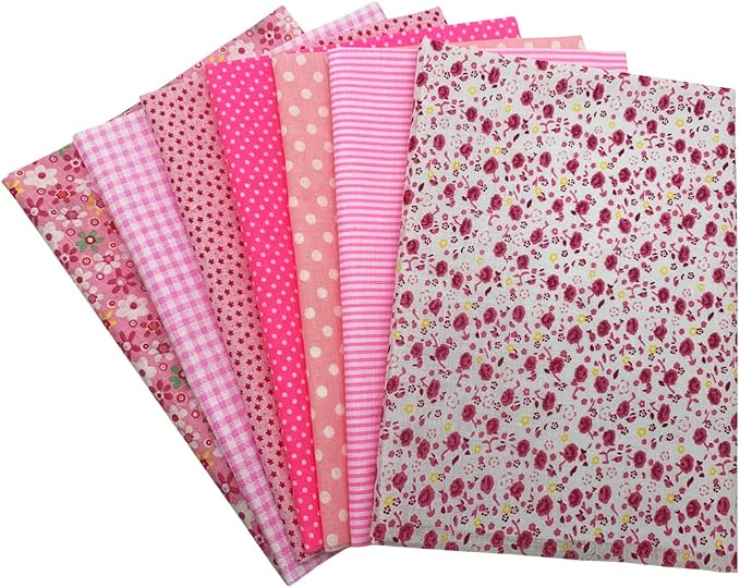 7PCS Cotton Craft Hobby Fabric 50x50CM Quilting Fabric Squares Bundle Different Patterns Printed Handmade Cloths for Arts Sewing Patchwork DIY Scrapbooking Tissue (Pink)