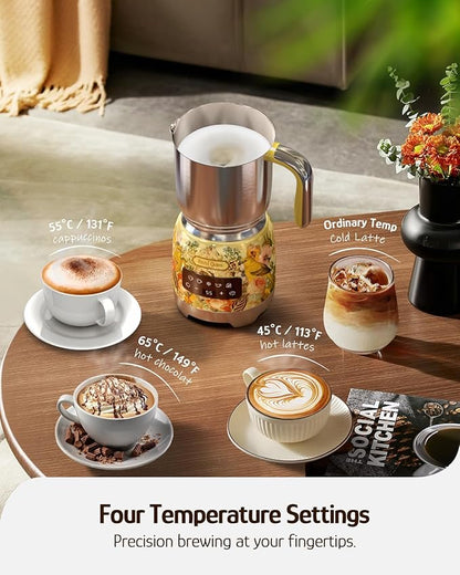 Hazel Quinn Milk Frother - Hot and Cold Detachable Milk Frother with Adjustable Temperature & Foam Thickness, Dishwasher Safe, for Latte/Cappuccino/Hot Chocolate, 400ML (13.5oz) - Floral Printed