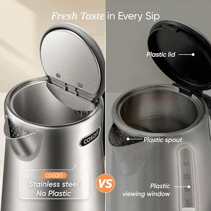 Cosori Electric Kettle, Plastic-Free Interior, 5 Presets ±5℉ Temperature Control, Fast Boiling, 2 Lid Opening, 60Min Keep Warm, Stainless Steel Tea Kettle for Tea, Hot Water, Boil Water, Coffee, 1.7L