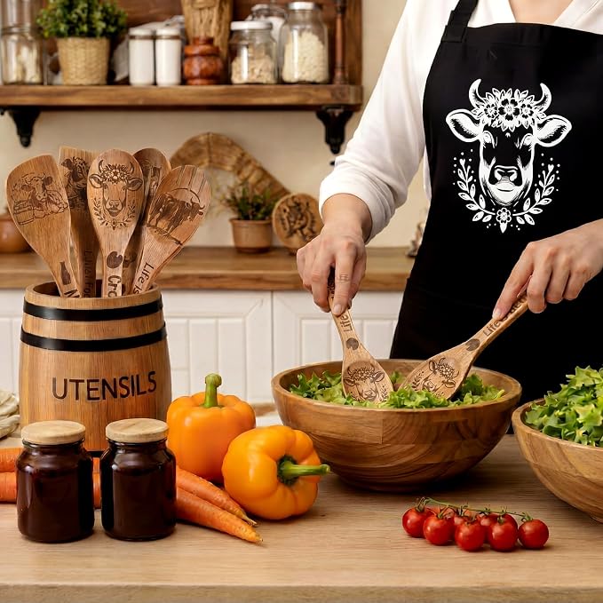 Remerry 6 Pcs Cow Gifts for Women Cow Kitchen Gift Set with Acacia Cooking Spoons Apron Kitchen Cooking Utensils Set for Mother's Day Housewarming Gift
