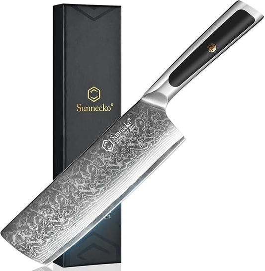 Sunnecko Kitchen Knife Japanese Damascus Nakiri Knife 7 Inch, Sharp Chopping Knife for Cutting Vegetable, Meats, Fruits