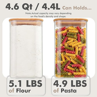 4.6Qt Large Glass Flour Sugar Storage Containers with Bamboo Lids | Wide Mouth Design, With Measuring Cup, Minimalist Kitchen Organizer,Scandinavian Style Storage,Nordic Style Storage