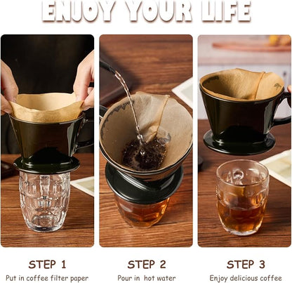 Pour Over Coffee Dripper, Ceramic Pour Over Coffee Maker with 3 Holes Flat Bottom, Easy Manual Brew Maker, Porcelain Slow Filter Cone for Travel, Camping, Office, Home,Black