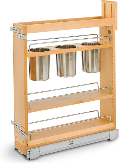 Rev-A-Shelf Maple Pullout Utensil Organizer with 3 Bins & BLUM Soft-Close Full Extension Slides, for Full-Height Base Cabinets, Adjustable Shelves, Min Opening Width of 5.5", 448UT-BCSC-5C