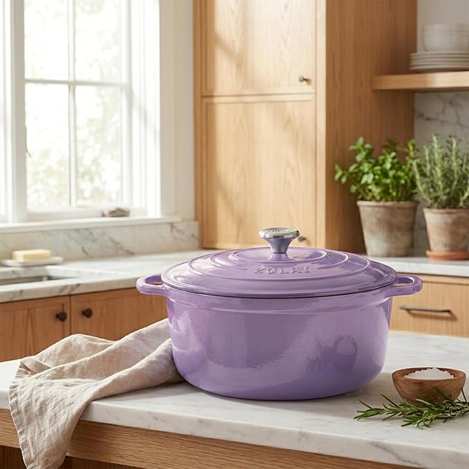 Zulay Kitchen 6.4QT Enameled Cast Iron Dutch Oven Pot with Lid, Heavy-Duty Soup Pot for Stews, Braising, Roasting & Sourdough Bread Baking, Oven Safe up to 500°F - Lavender Jade