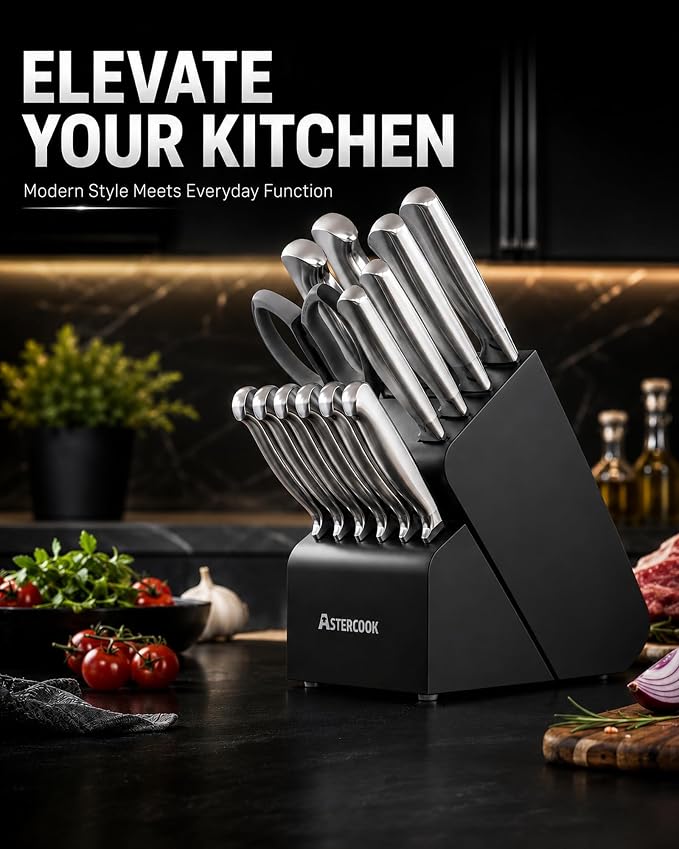 Astercook Knife Set, 15 Piece German Steel Kitchen Knife Set with Built-in Sharpener, One-Piece Knife Block Set Rust-Resistant Dishwasher Safe Block Knives Set for Cooking & Gift (Midnight Black)