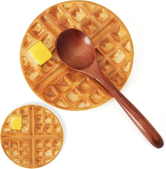 Waffle Spoon Rest for Stove Top, Cute Spoon Holder for Kitchen Counter Cooking Utensil Rest Ceramic Coffee Spoon Rest, Yellow Kitchen Counter Decor (Round Waffle Spoon Holder)