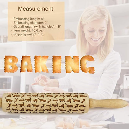 Embossed Rolling Pin for Baking Cookies Embossing Rolling Pins with Design Wooden Engraved Springerle Roller Pin Dough Animal Patterned Clay Pottery Ceramic Stamp Mold Gifts Bakers Women (Cat)