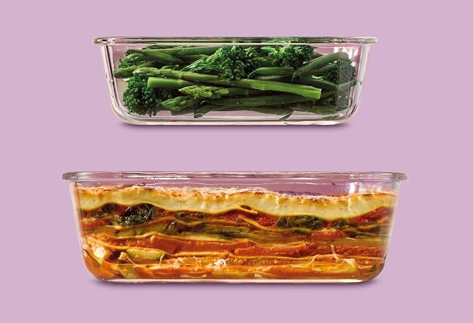 LocknLock Eco Ovenglass Glass Food Containers with Lids Set of 3 - Airtight, Leakproof Square Food Storage Containers with Recycled Plastic Lids, Oven Safe, Dishwasher Safe, 3 x 500ml, Assorted colors