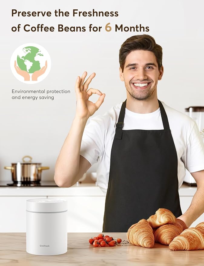 OUTPEAK Neo Latest Kilo Auto Vacuum Coffee Canister, 1.5L Capacity for 17.6oz of Coffee Beans, One-Button Operation, Stainless Steel Coffee Storage Container with Scoop (Barista Champion's Choice)