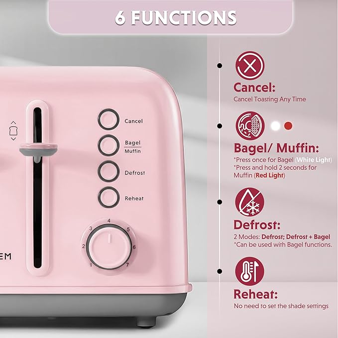BUYDEEM DT640 4-Slice Toaster, 7 Shade Settings, Extra Wide 1.5’’ Slots for Bagel & English Muffin, 6 Toasting Functions, Retro Stainless Steel Toaster with High Lift Lever, 1800W, Pink