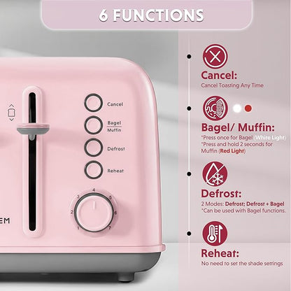 BUYDEEM DT640 4-Slice Toaster, 7 Shade Settings, Extra Wide 1.5’’ Slots for Bagel & English Muffin, 6 Toasting Functions, Retro Stainless Steel Toaster with High Lift Lever, 1800W, Pink
