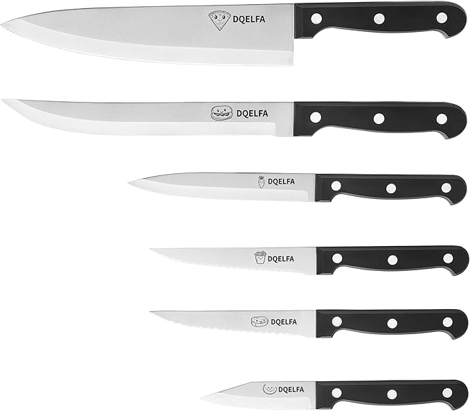 6 Piece Kitchen Knife Set, Stainless Steel Knife Set With Ergonomic Handle, Rustproof, Dishwasher Safe (Black, Fun Food Icons)